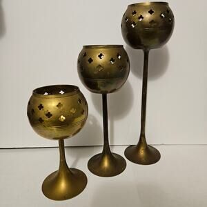Brass 3 Piece Set MCM Vintage Collectibles Celestial Pierced Candle Holders